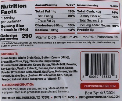 ChipMonk Chocolate Cowboy Cookie - Nutrition Facts