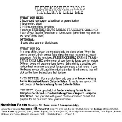 Fredericksburg Farms Texas Traildrive Chili Mix - Nutrition Facts