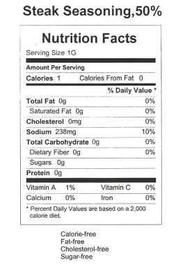 TexJoy 50% Less Salt Steak Seasoning - Nutrition Facts